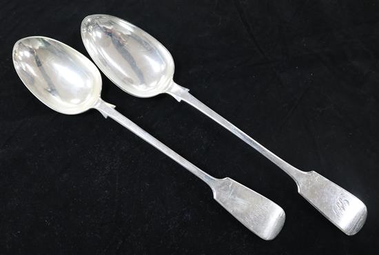 Two Victorian silver fiddle pattern basting spoons including Exeter, 1856 & London, 1885, 8.5 oz.